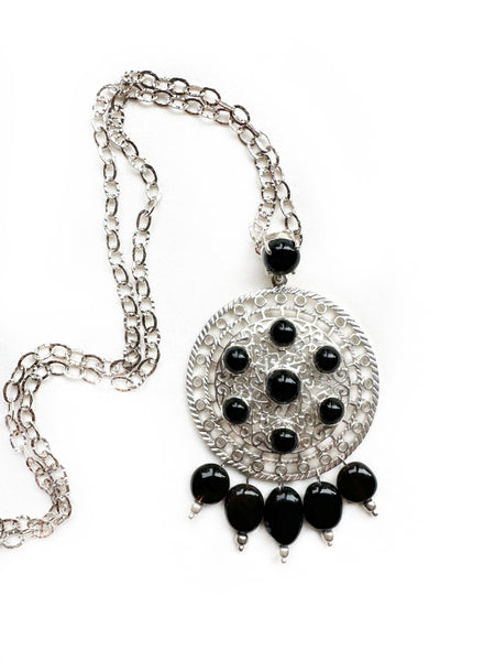 NEW - Black Onyx filigree pendant with silver chain