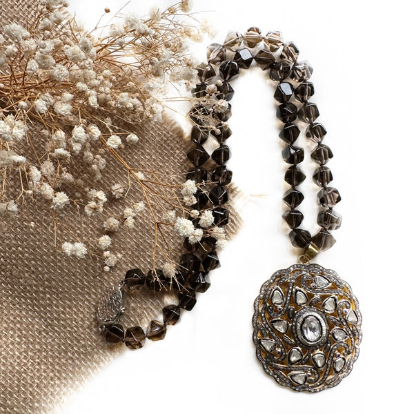 NEW - Polki (Uncut Diamonds), White Sapphire and Smoky Quartz necklace