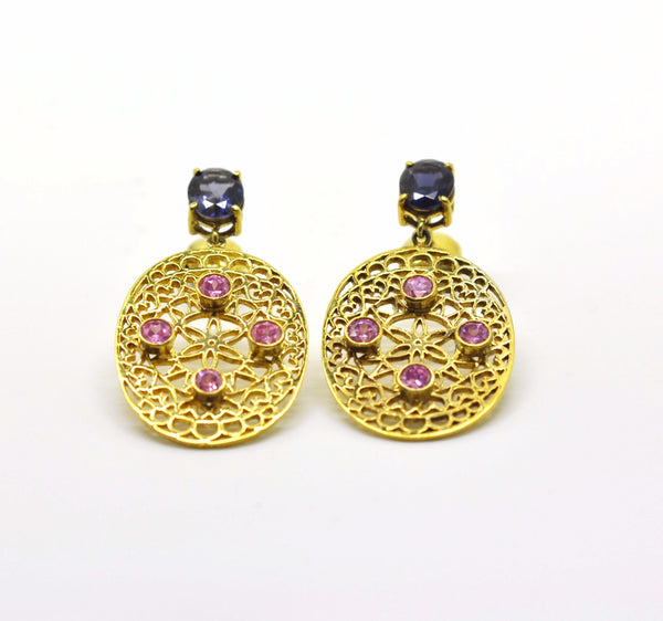 ON SALE - Filigree Pink topaz and Iolite earring