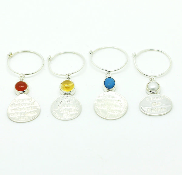 SOLD - Sterling Silver Wine Glass Charm Set 4 - Quotes