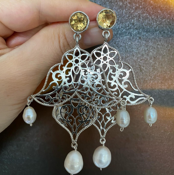 ON SALE - Large Filigree Citrine and Pearl Earring