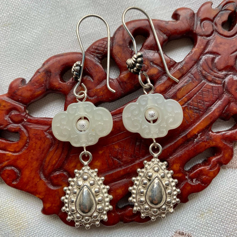 ON SALE - Carved Jade and Silver drop earrings 1
