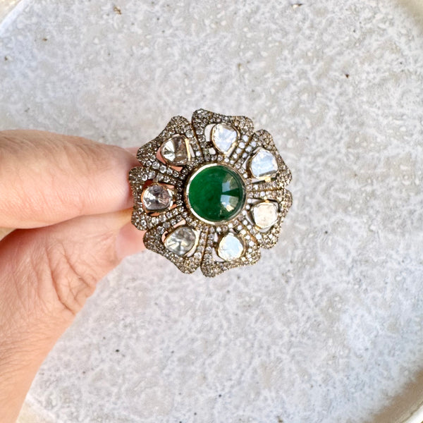 NEW - Emerald, Polki and Diamond ring