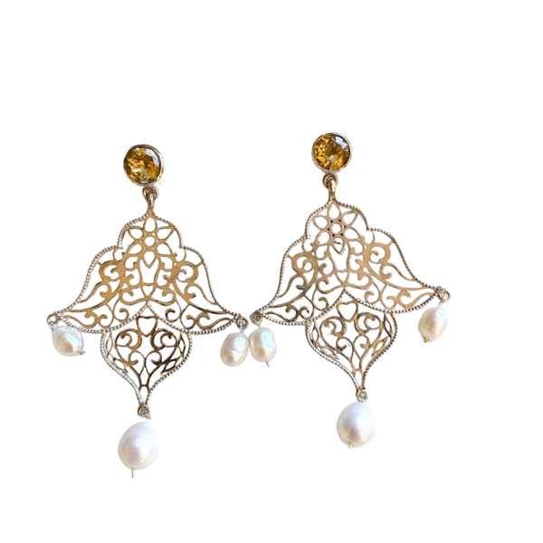 Large Filigree Citrine and Pearl Earring