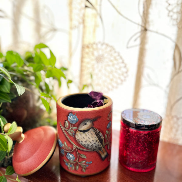 Bird Ceramic Jar with Candle - Red