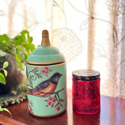 SOLD - Bird Ceramic Jar with Candle - Teal