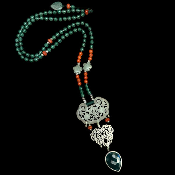 Carved Jade Necklace with Green Onyx Drop and a Silver Pendant
