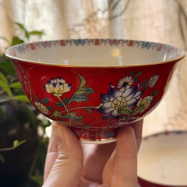 Red Flower Bowl Pair