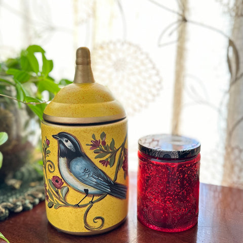 Bird Ceramic Jar with Candle - Yellow