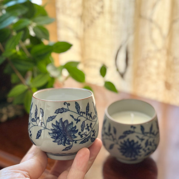 Blue and Grey Flower Tea Cup Candles