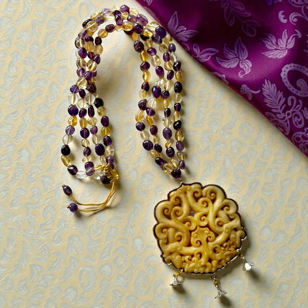 Carved Jade Necklace with Amethyst & Citrine