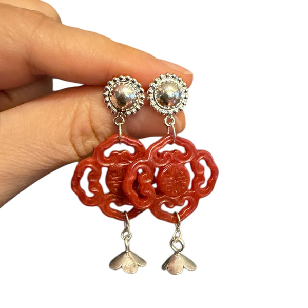 NEW Carved Red Jade Earrings 2