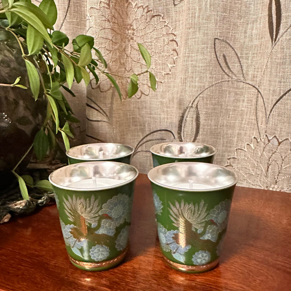 SOLD - Metal Tea Cups - Green Birds Set of Four