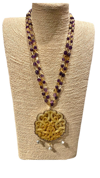 Carved Jade Necklace with Amethyst & Citrine