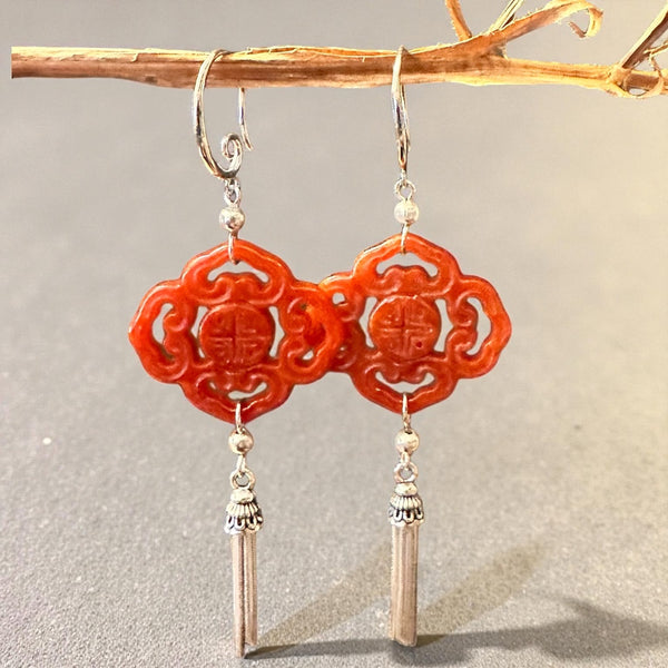 NEW Carved Red Jade earrings with tassels