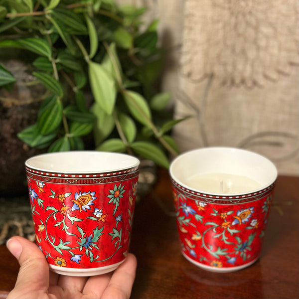 Red Flower Tea Cup Candle
