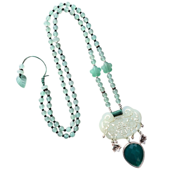 Carved Jade Necklace with Green Onyx Drop