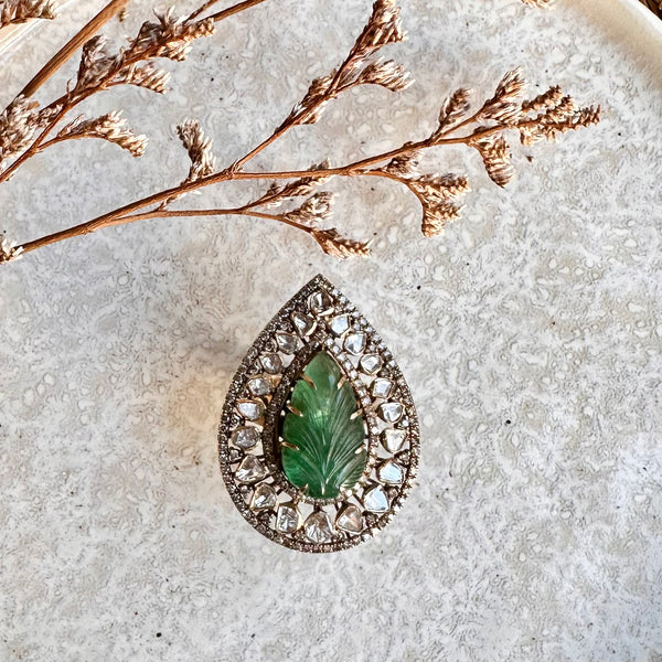 NEW - Emerald (Carved) with Polki and Diamonds