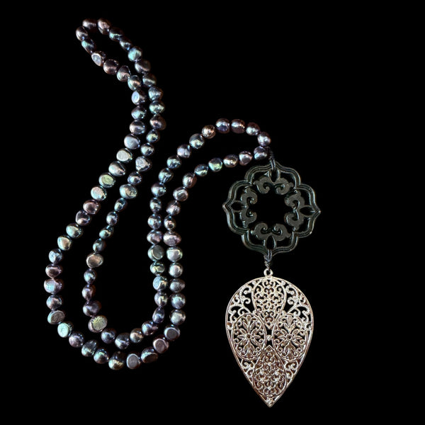 Pearl & Carved Jade Filigree Necklace