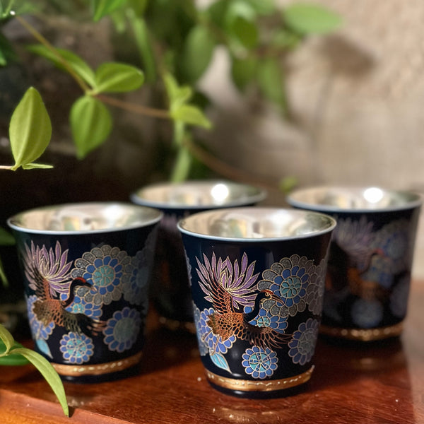 Metal Tea Cups - Blue birds - Set of four