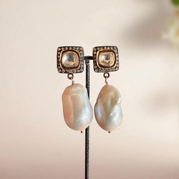 Baroque Pearl & Polki Earring (Square)
