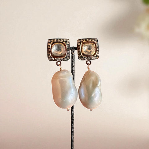 Baroque Pearl & Polki Earring (Square)