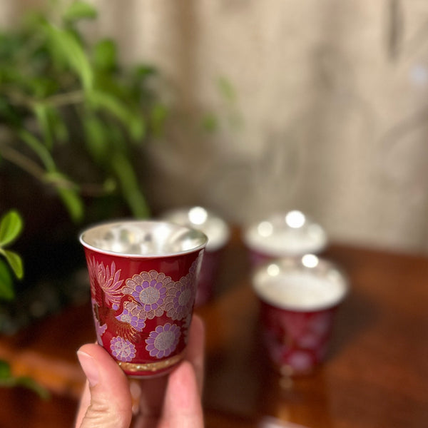 Metal Tea Cups - Red Birds Set of Four