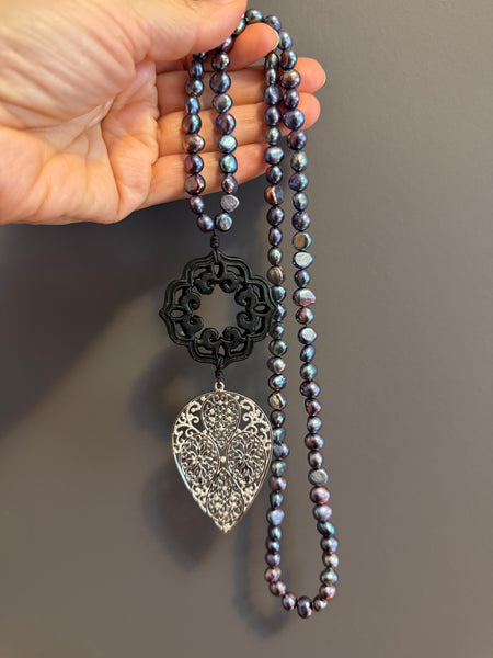 Pearl & Carved Jade Filigree Necklace