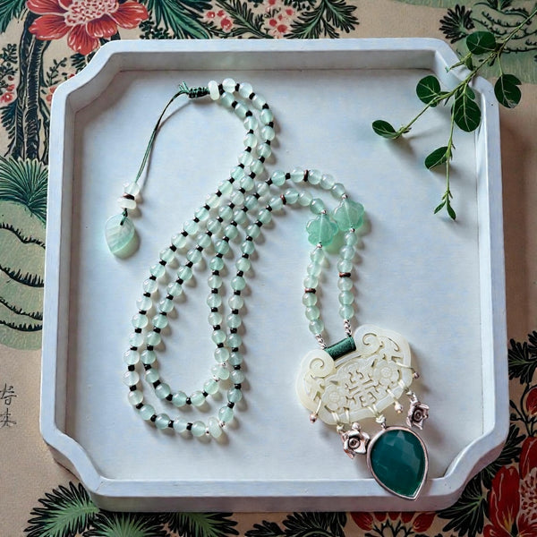 Carved Jade Necklace with Green Onyx Drop