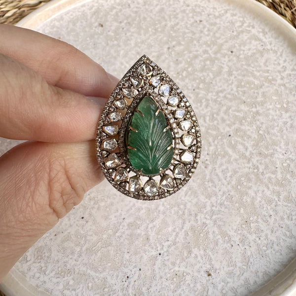 NEW - Emerald (Carved) with Polki and Diamonds