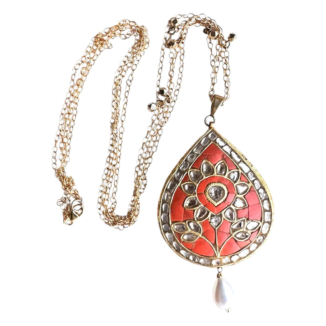 NEW - Polki and Coral Pendant