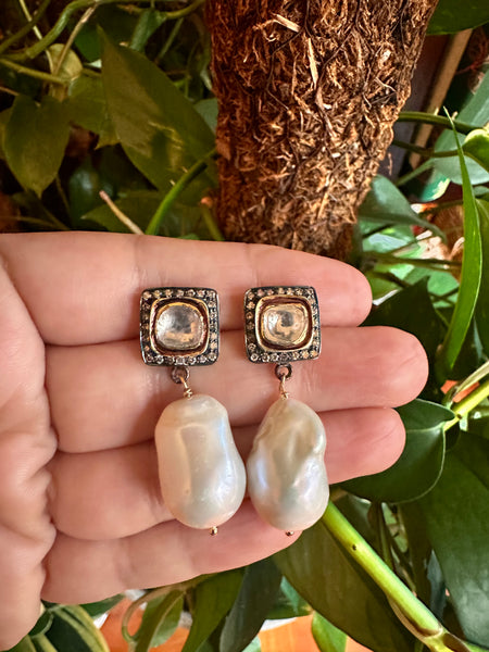 Baroque Pearl & Polki Earring (Square)