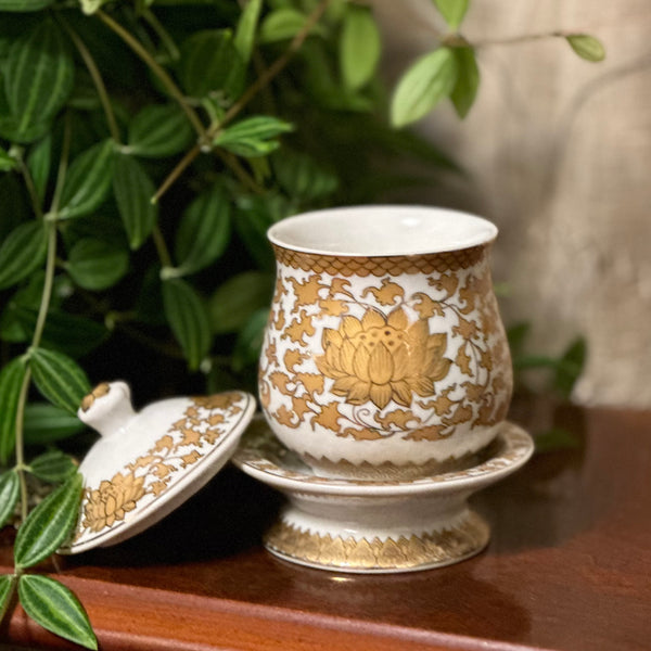 Gold and White Lotus Jar with Lid