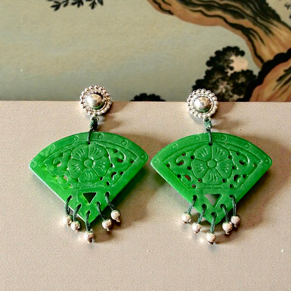 NEW Carved Green Jade Earrings