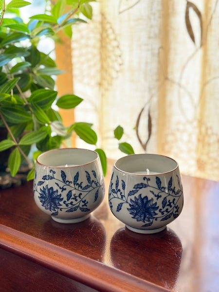 Blue and Grey Flower Tea Cup Candles