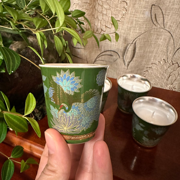 SOLD - Metal Tea Cups - Green Birds Set of Four