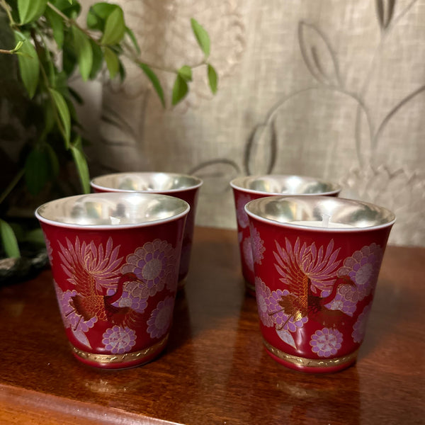 Metal Tea Cups - Red Birds Set of Four