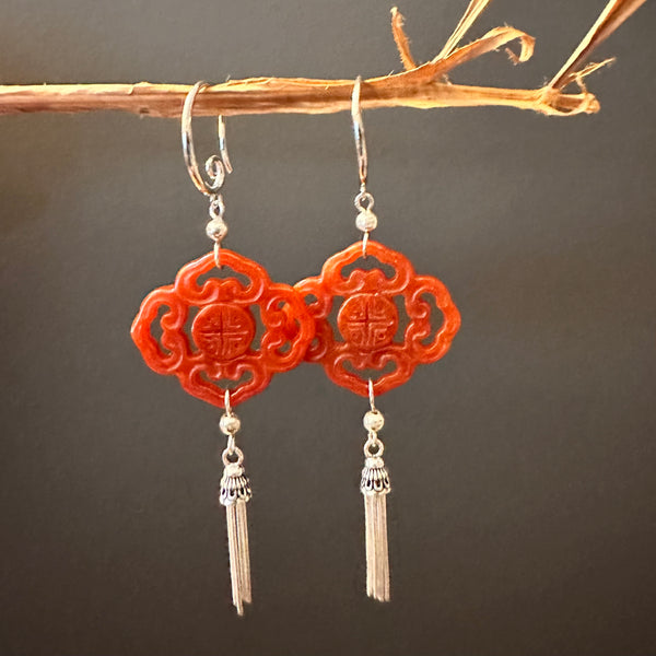 NEW Carved Red Jade earrings with tassels
