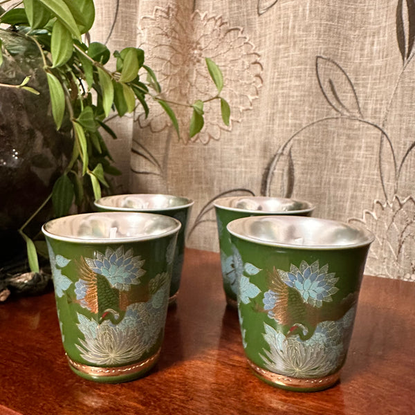 SOLD - Metal Tea Cups - Green Birds Set of Four