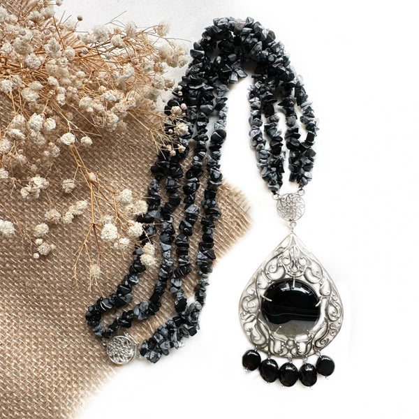 NEW - Black Onyx, Agate, filigree necklace