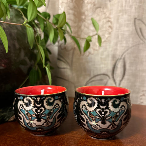 SOLD - Black and Red Miniature Tea Cups