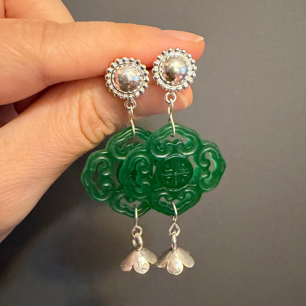 NEW Carved Green Jade Earrings