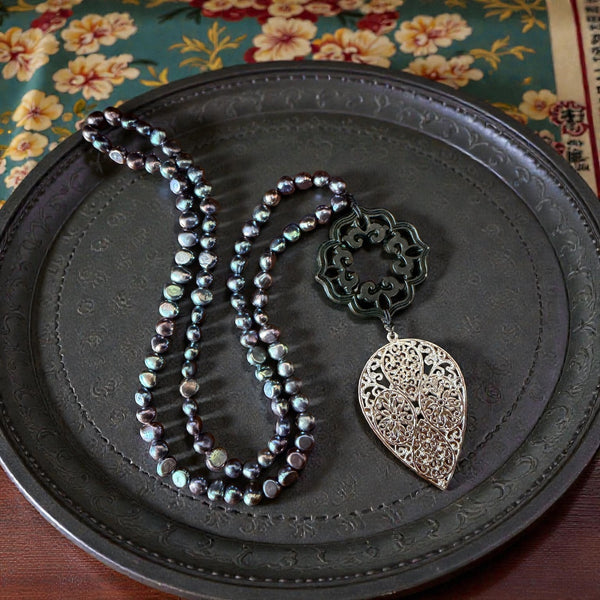 Pearl & Carved Jade Filigree Necklace