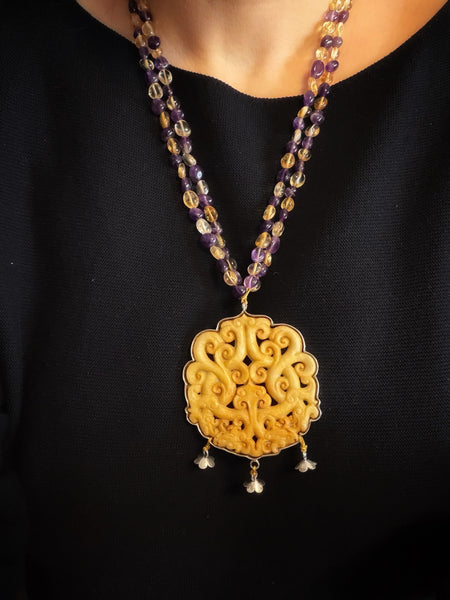 Carved Jade Necklace with Amethyst & Citrine