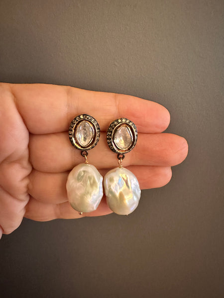Baroque Pearl & Polki Earring (Oval)