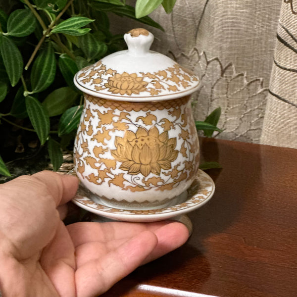 Gold and White Lotus Jar with Lid