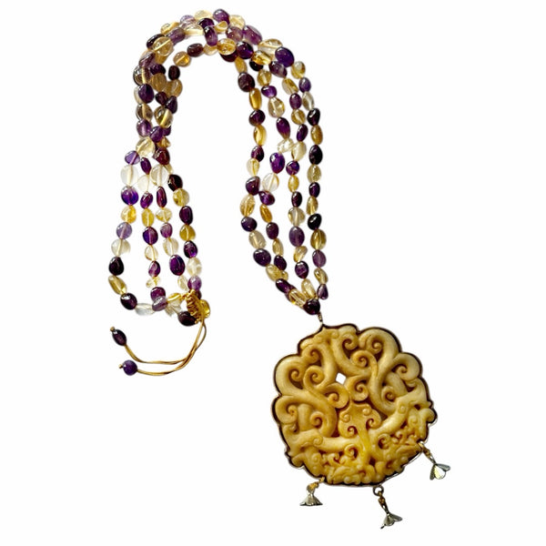 Carved Jade Necklace with Amethyst & Citrine