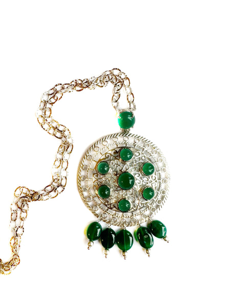 NEW - Green Onyx filigree pendant with silver chain