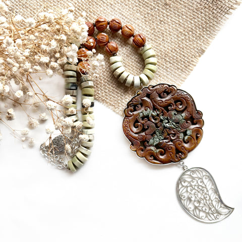 SOLD - ON SALE - Carved Jade, Green Opal, filigree necklace