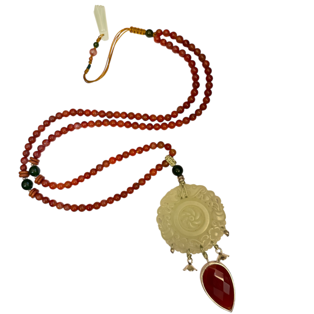 Carved Jade Necklace with Red Onyx Drop